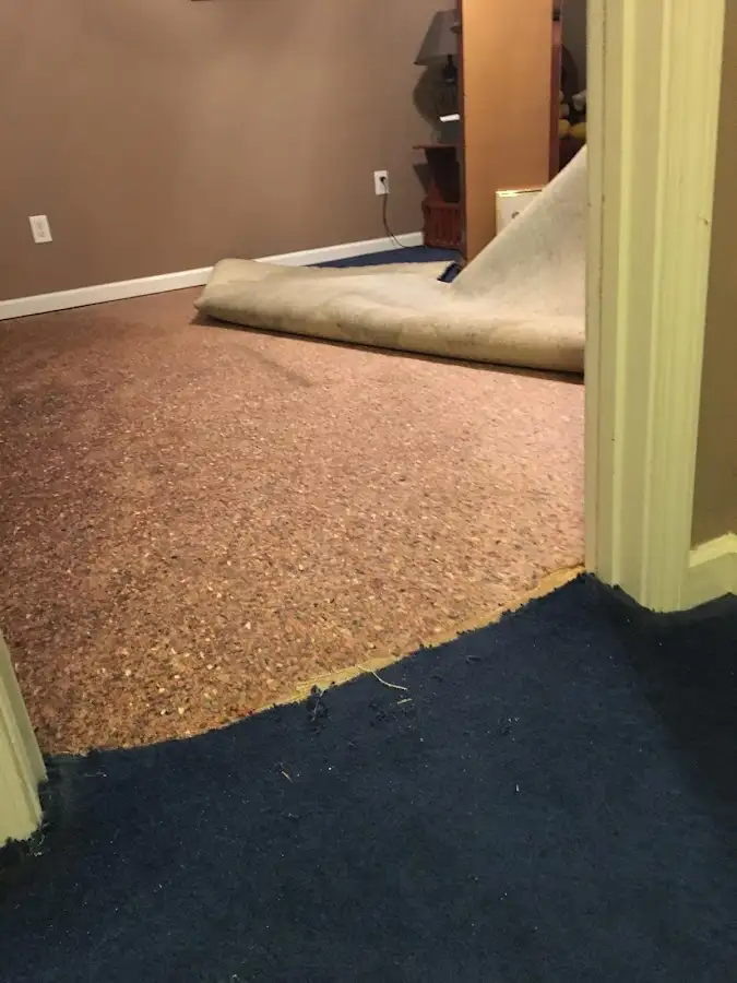 Carpet pad removal revealing water damage during Drying & Dehumidification in Birch Run
